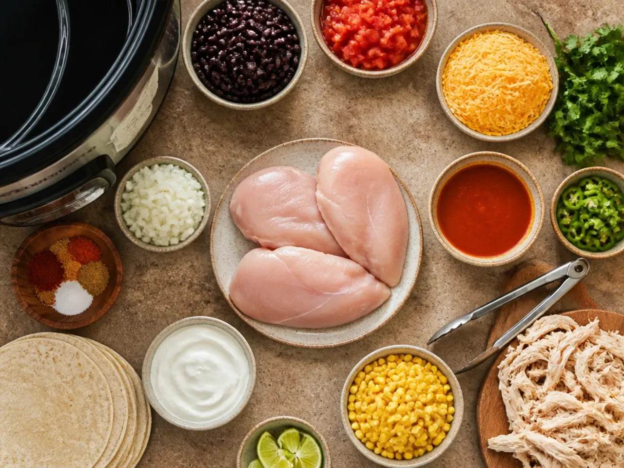 Close-up of torn corn tortilla pieces being layered into a slow cooker