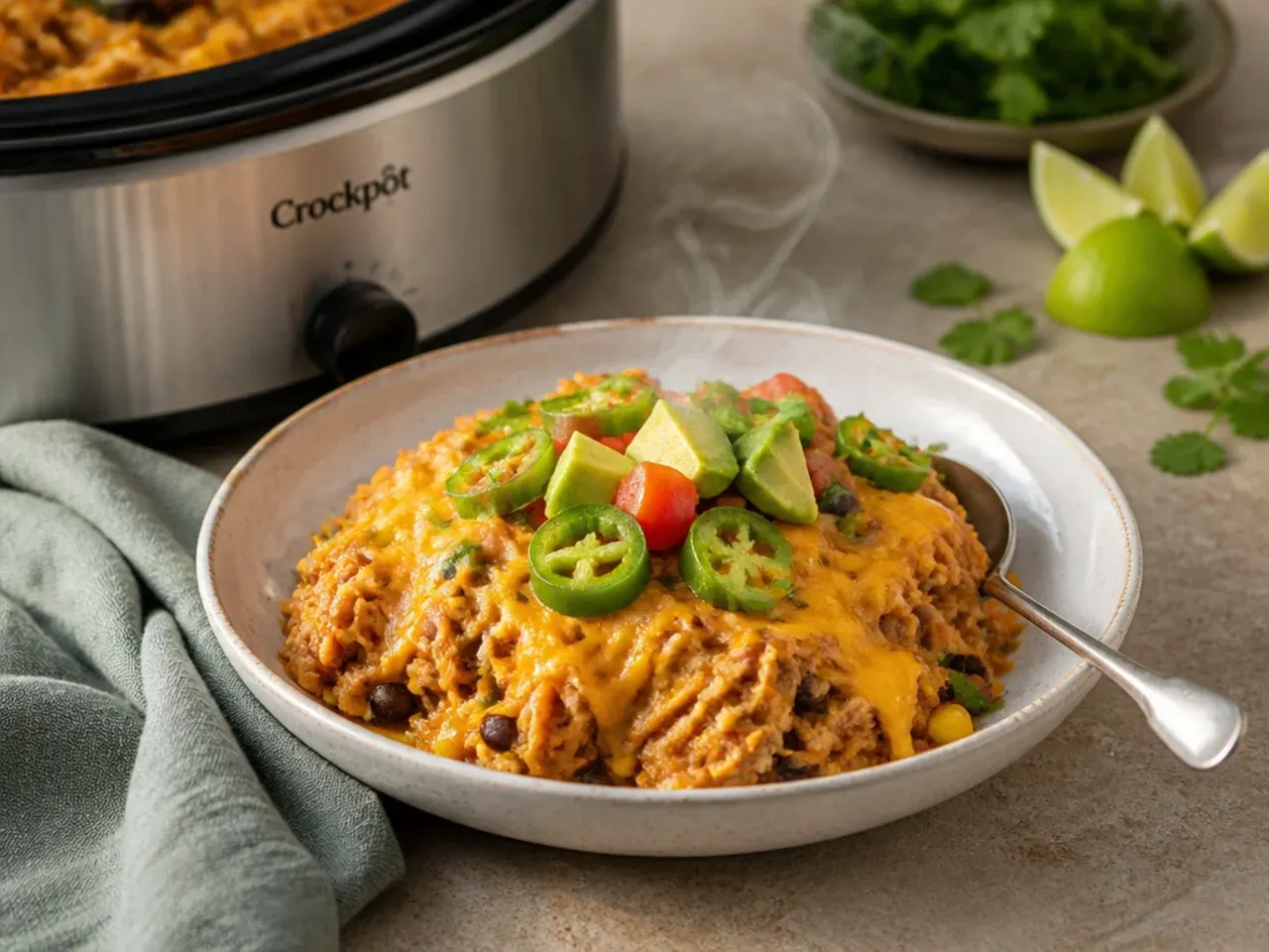A bowl of chicken enchilada casserole topped with soured cream, coriander and lime