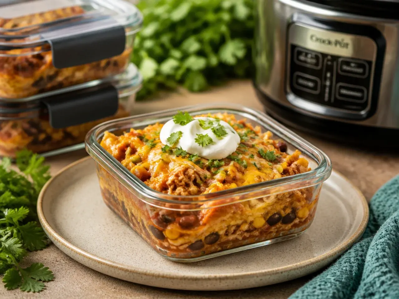 Airtight containers of leftover chicken enchilada casserole ready to be refrigerated