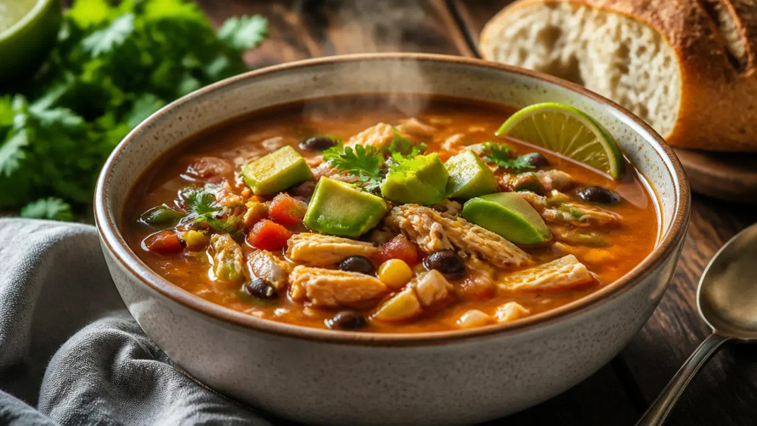 Overhead shot of a ladle lifting steaming crockpot chicken tortilla soup topped with crispy tortilla strips, melted cheese, and diced avocado.