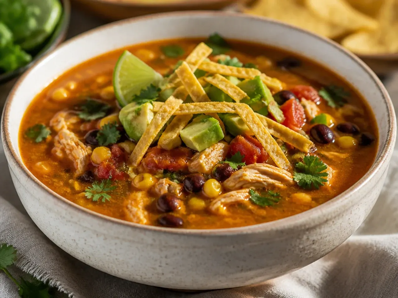 A cosy kitchen counter with a slow cooker full of chicken tortilla soup and bowls of toppings laid out beside it.