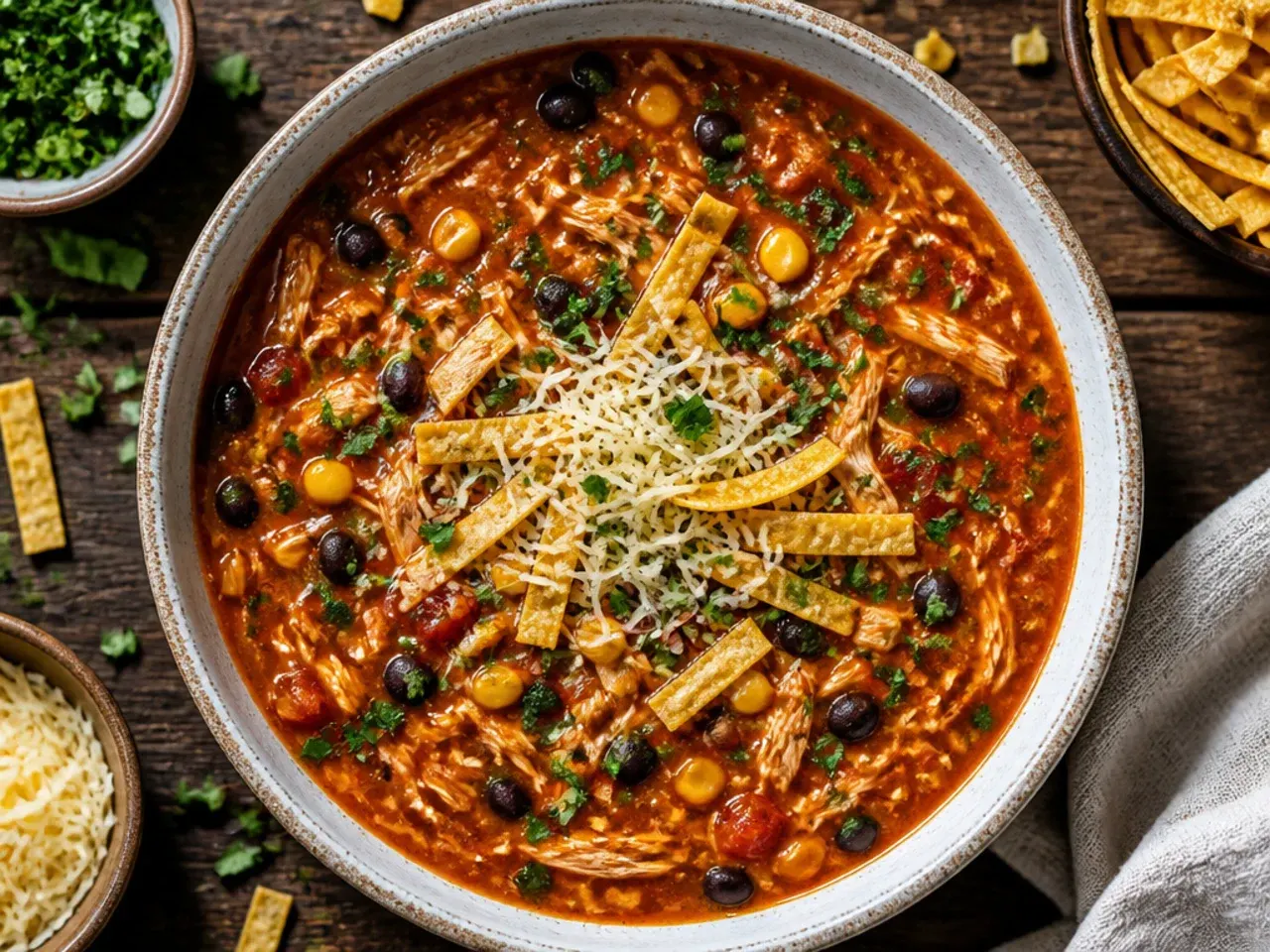 A classic bowl of crockpot chicken tortilla soup with shredded chicken, tomato broth, and tortilla strips on top.