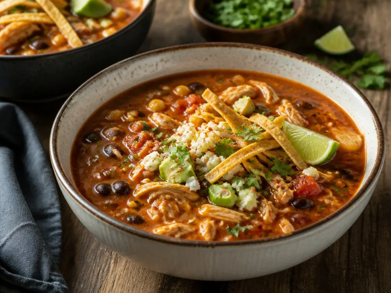 A shredded rotisserie chicken being stirred into a slow cooker of tortilla soup.