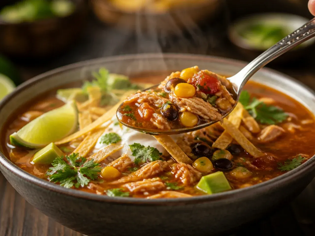 A thick, hearty bowl of chicken tortilla soup loaded with beans, potato, and extra shredded chicken.