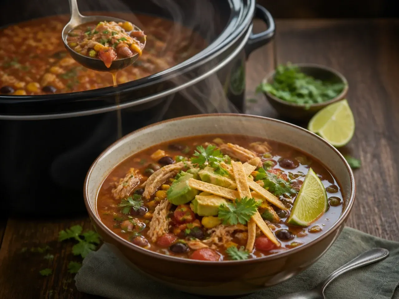 A steaming mug-sized bowl of spiced chicken tortilla soup on a cold evening with a cinnamon stick beside it.