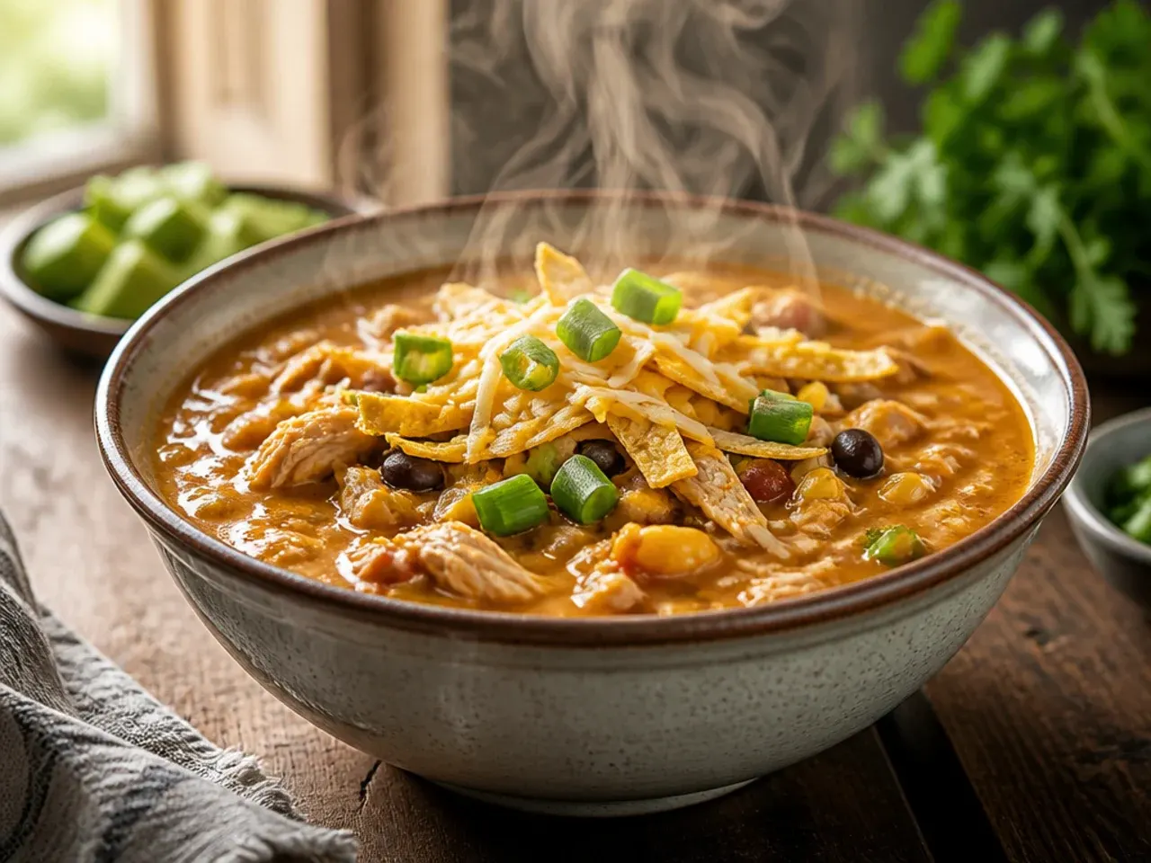 A creamy, pale orange bowl of chicken tortilla soup being swirled with a spoon.