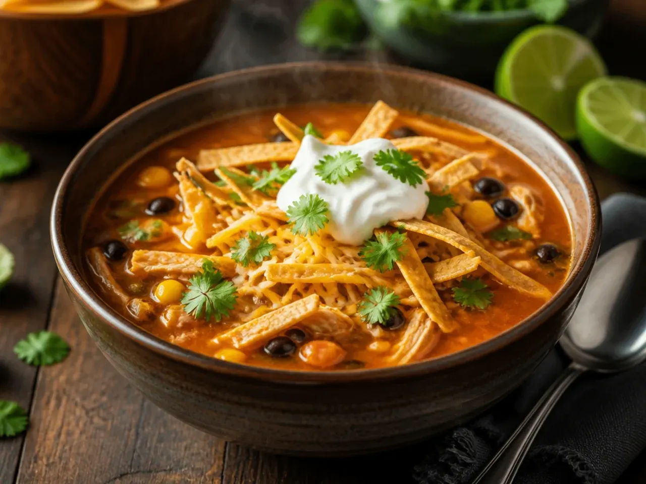 Shredded cheese melting into a bowl of chicken tortilla soup in long golden strands.