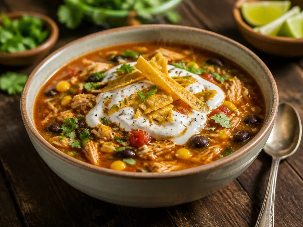 Crushed tortilla chips softening into a warm bowl of chicken tortilla soup with a stack of corn tortillas nearby.