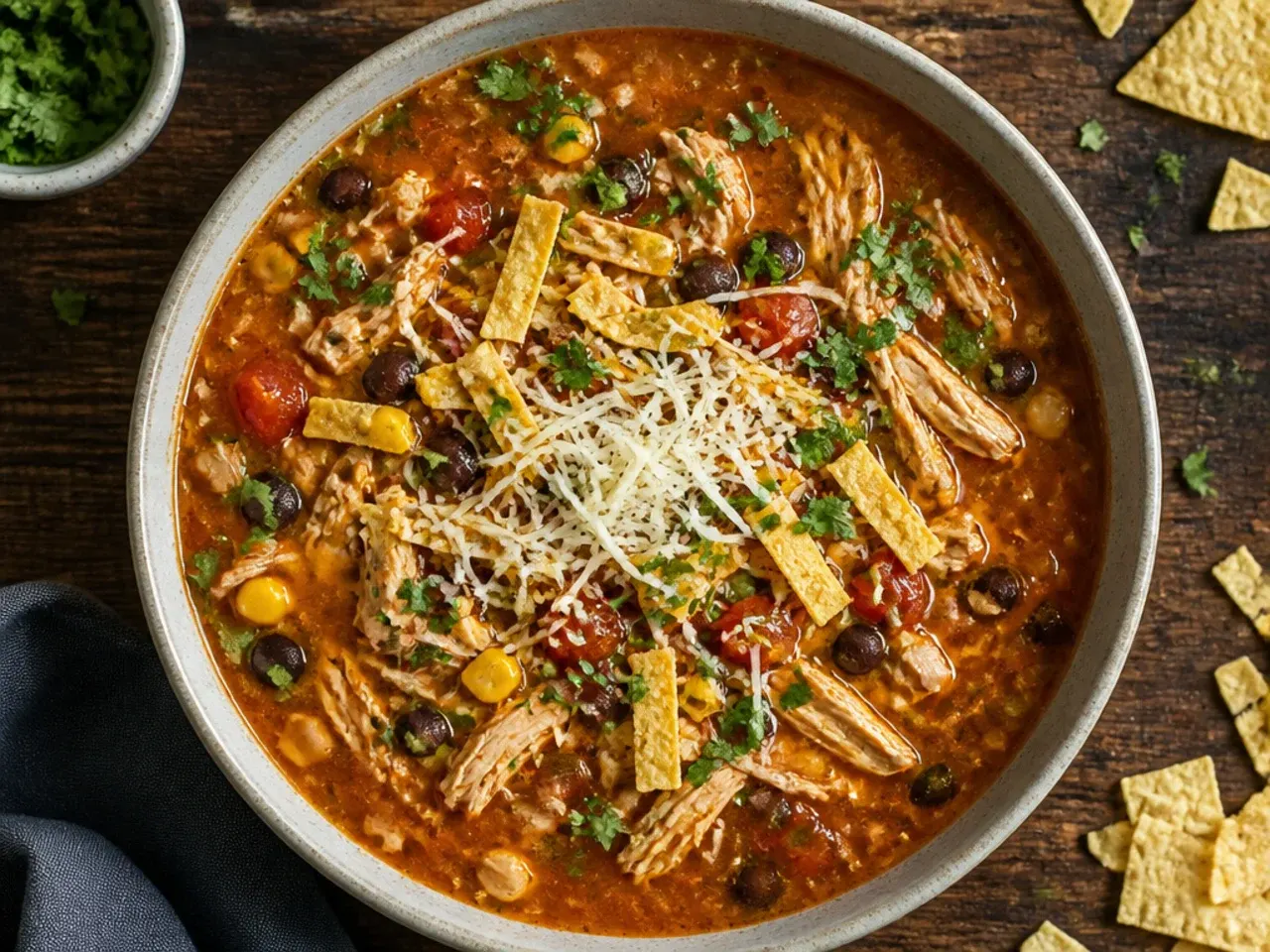 Simple, budget-friendly ingredients including chicken thighs and tinned vegetables laid out for tortilla soup.