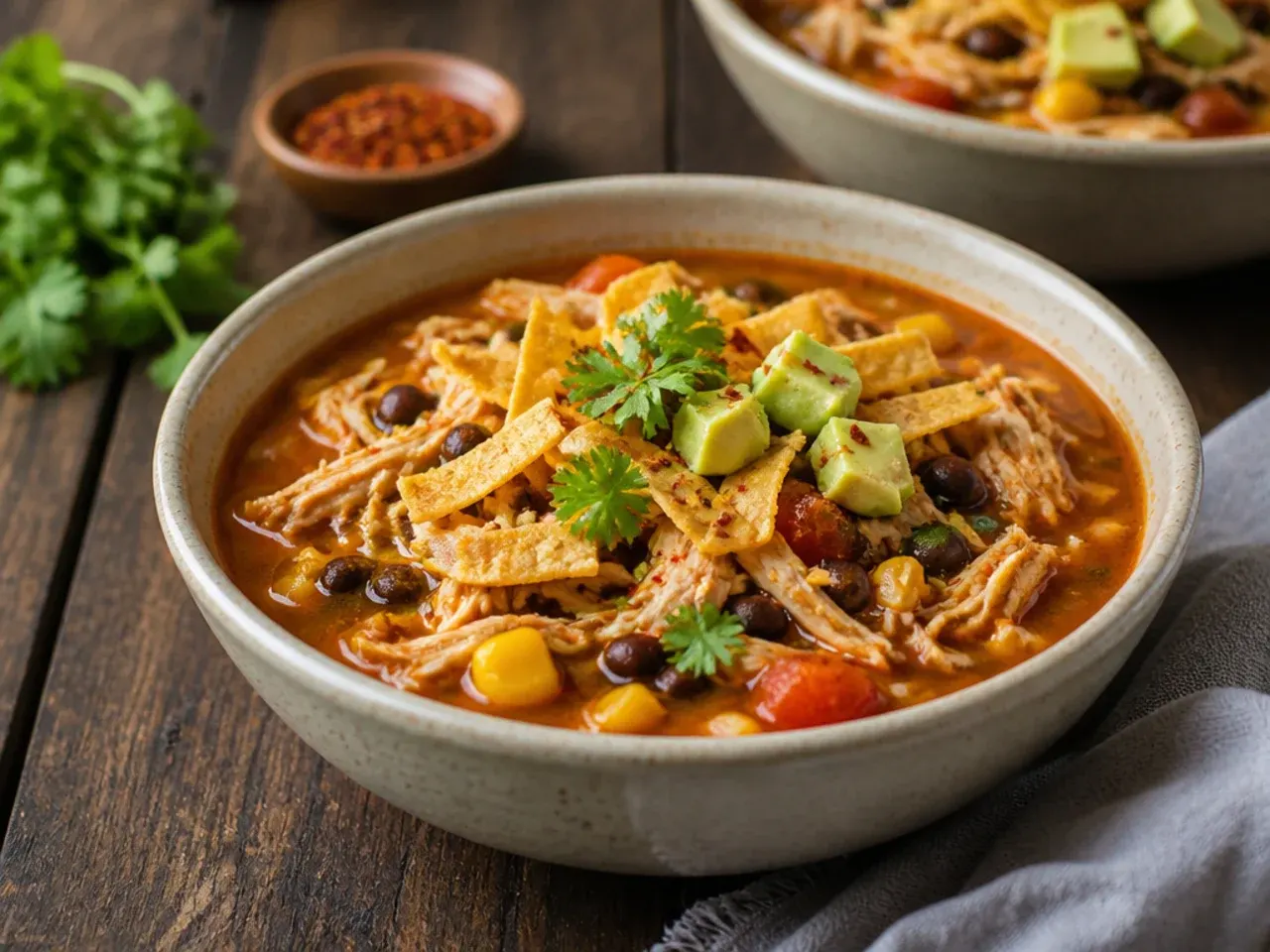A slow cooker set on a kitchen counter in the morning, ready to cook chicken tortilla soup all day.