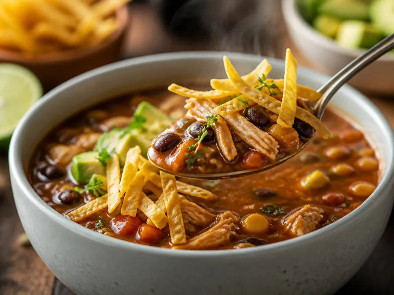 A rustic, chunky bowl of chicken tortilla soup with visible pieces of pepper, onion, and courgette.