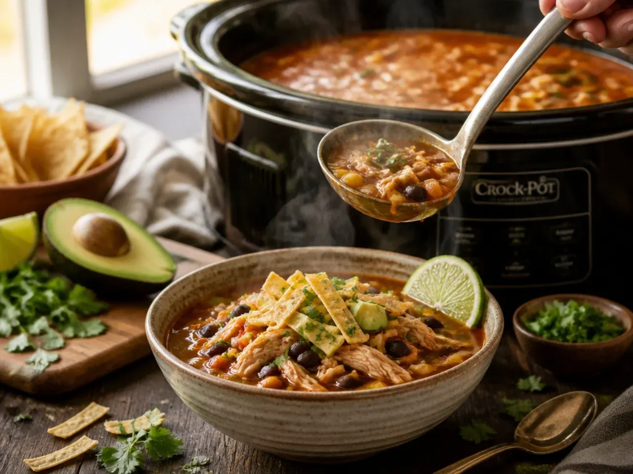 A topping bar with avocado, sour cream, cheese, jalapeños, and tortilla chips beside bowls of soup.