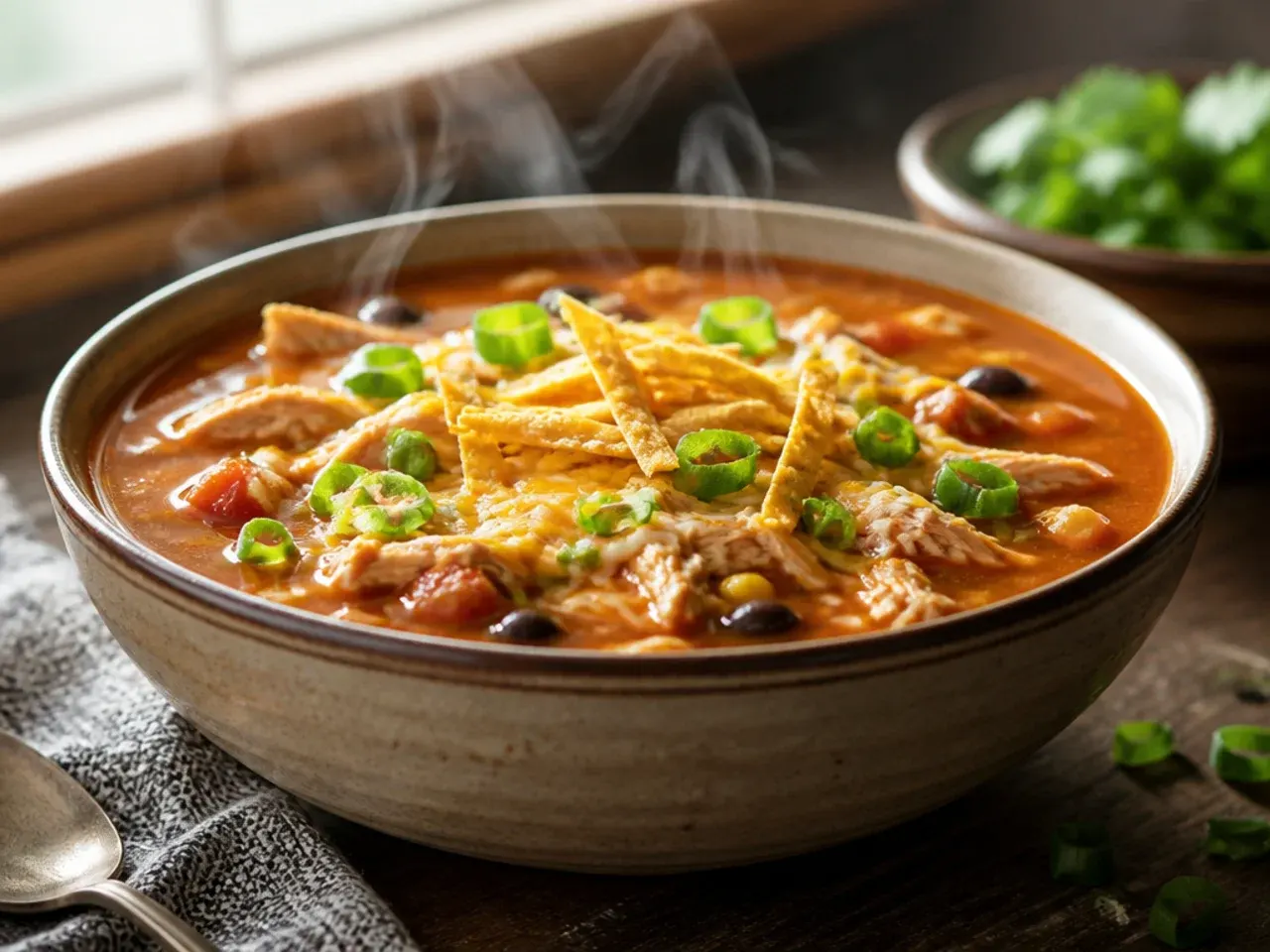 A family dinner table with small bowls of mild chicken tortilla soup and a bottle of hot sauce on the side.