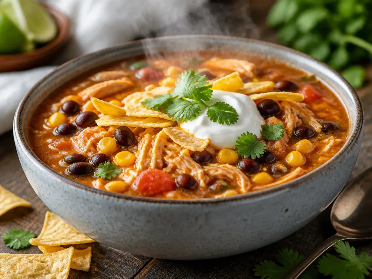 A single slow cooker pot filled with all the raw ingredients for chicken tortilla soup before cooking.