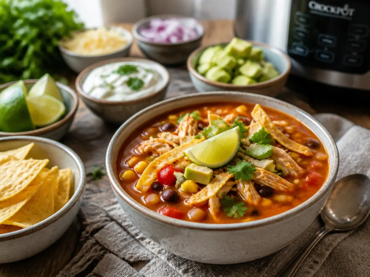 A finished bowl of chicken tortilla soup fully garnished with tortilla strips, avocado, cheese, and a lime wedge.