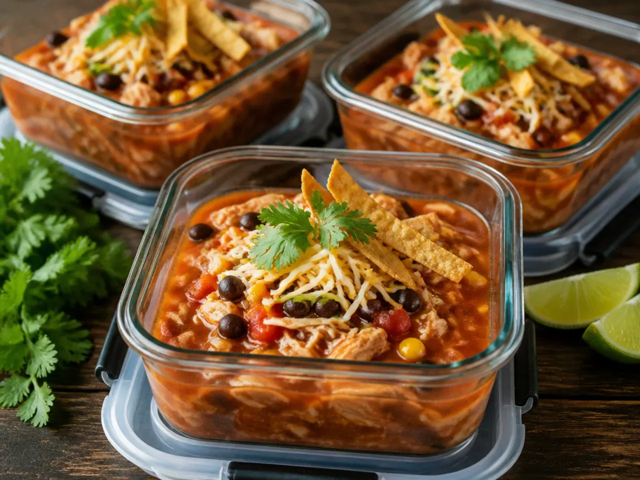 Containers of leftover chicken tortilla soup being packed into the fridge and freezer for later.