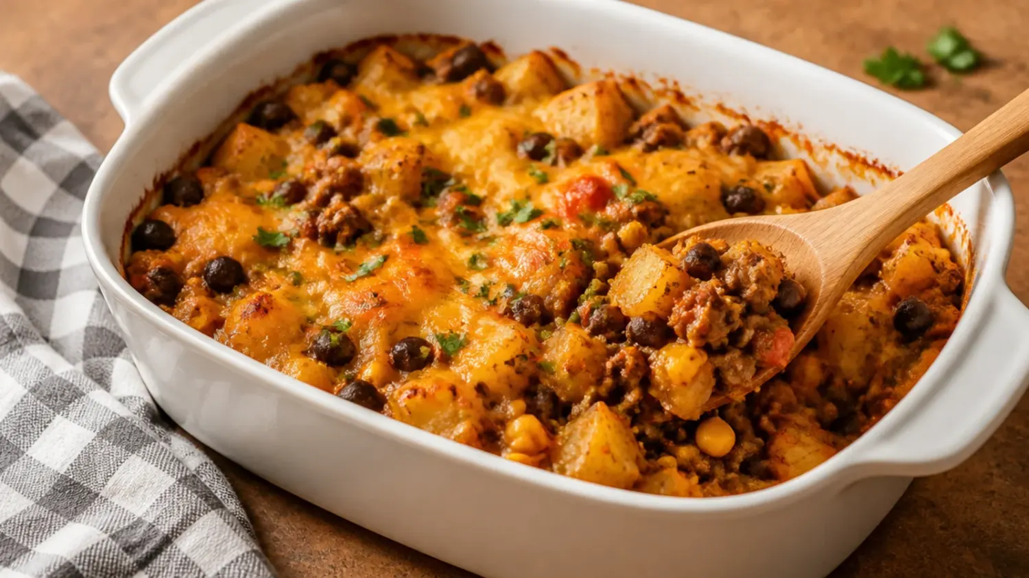 A slow cooker crock filled with cowboy casserole, melted cheddar and tater tots visible on top