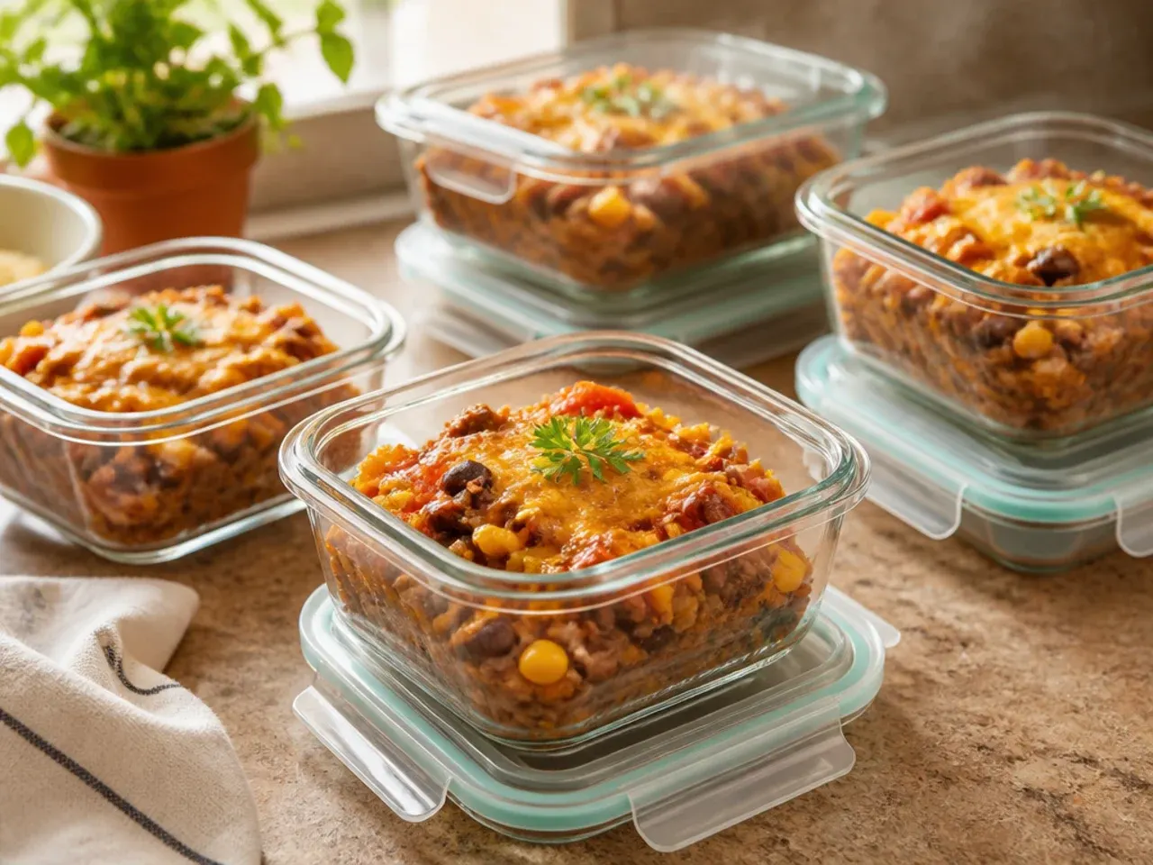 Airtight container of leftover crockpot cowboy casserole ready to be refrigerated