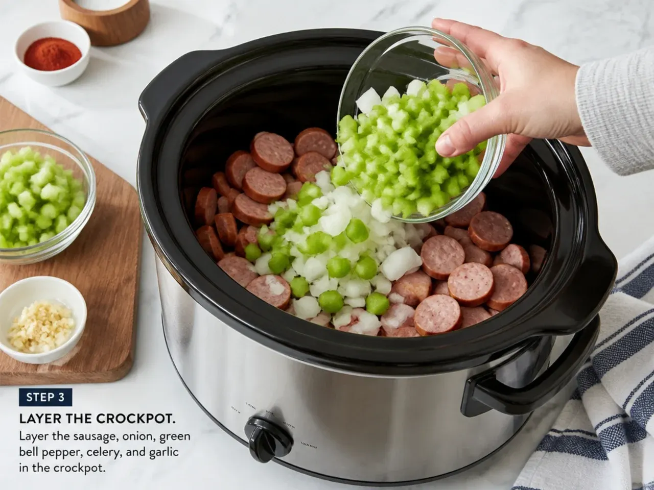 crockpot gumbo recipe — step 3: layer the crockpot