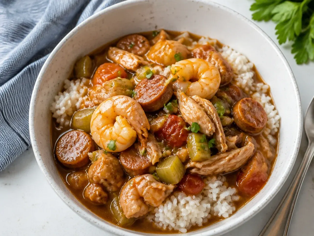 Bowl of crockpot gumbo recipe with sausage, chicken and shrimp served over white rice
