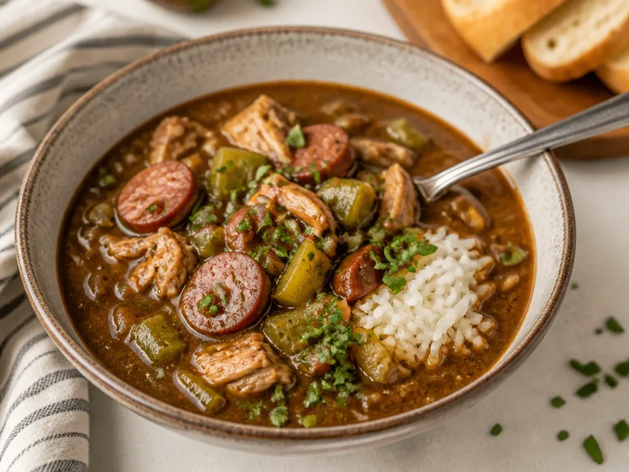 Classic Cajun crockpot gumbo recipe with dark roux, chicken and andouille sausage