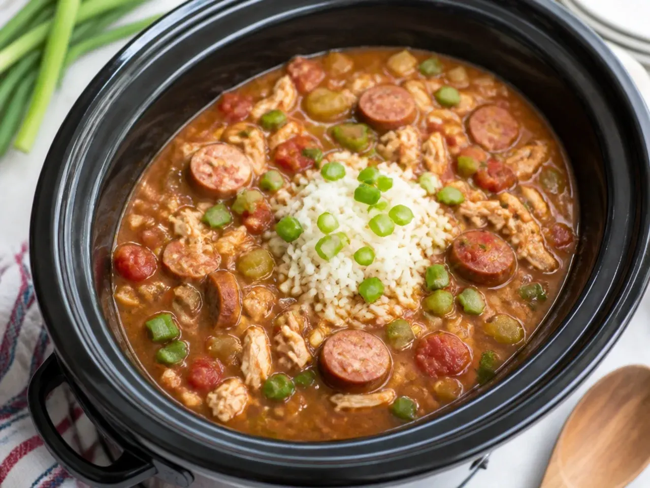 Easy 5-ingredient dump-and-go crockpot gumbo recipe in a slow cooker