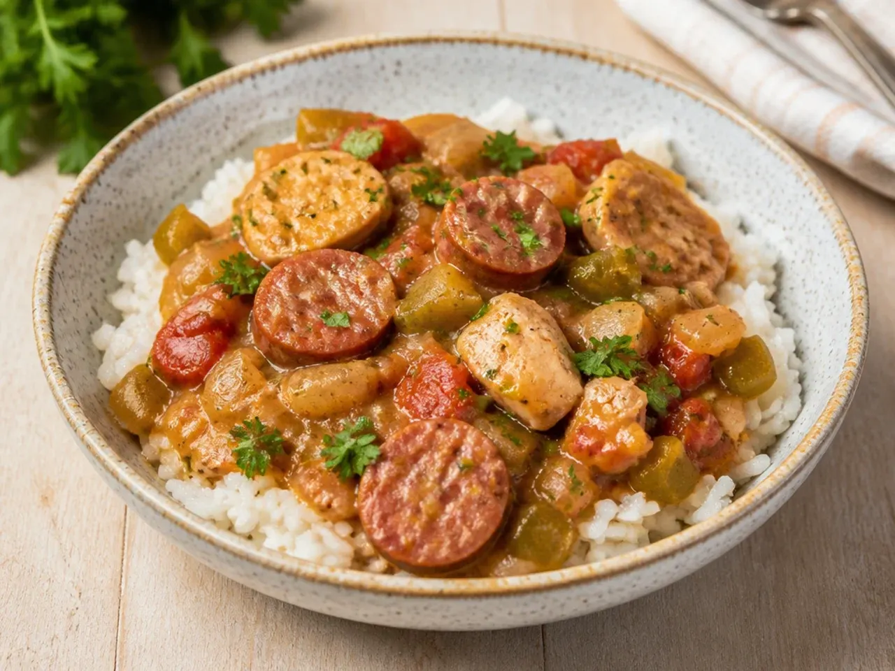 Kid-friendly mild crockpot gumbo recipe with smoked sausage over rice