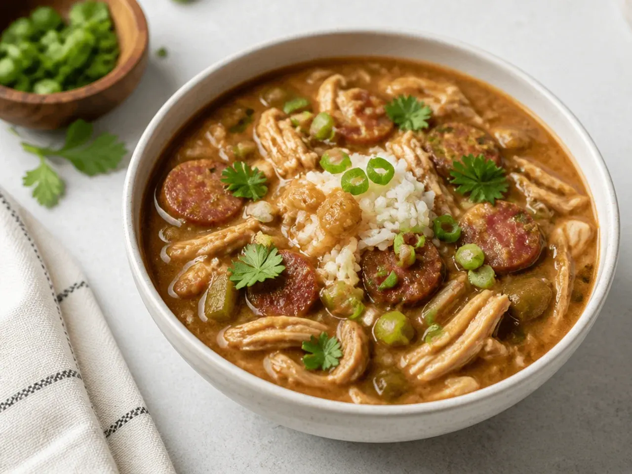 Weeknight crockpot gumbo recipe made with pulled rotisserie chicken and sausage