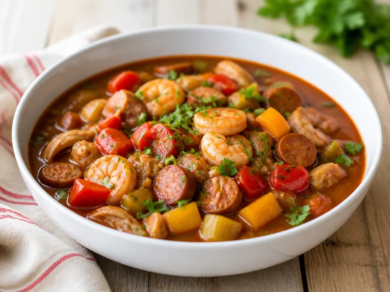 Colorful Creole crockpot gumbo recipe with tomatoes and multicolored bell peppers
