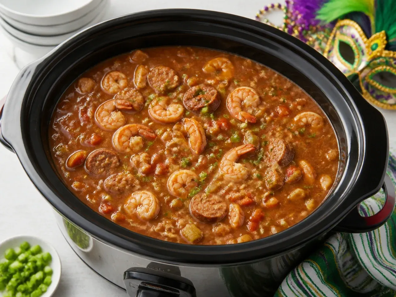Festive party-sized Mardi Gras crockpot gumbo recipe in a large slow cooker