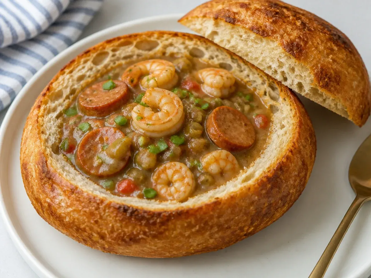 Whimsical crockpot gumbo recipe served inside toasted sourdough bread bowls