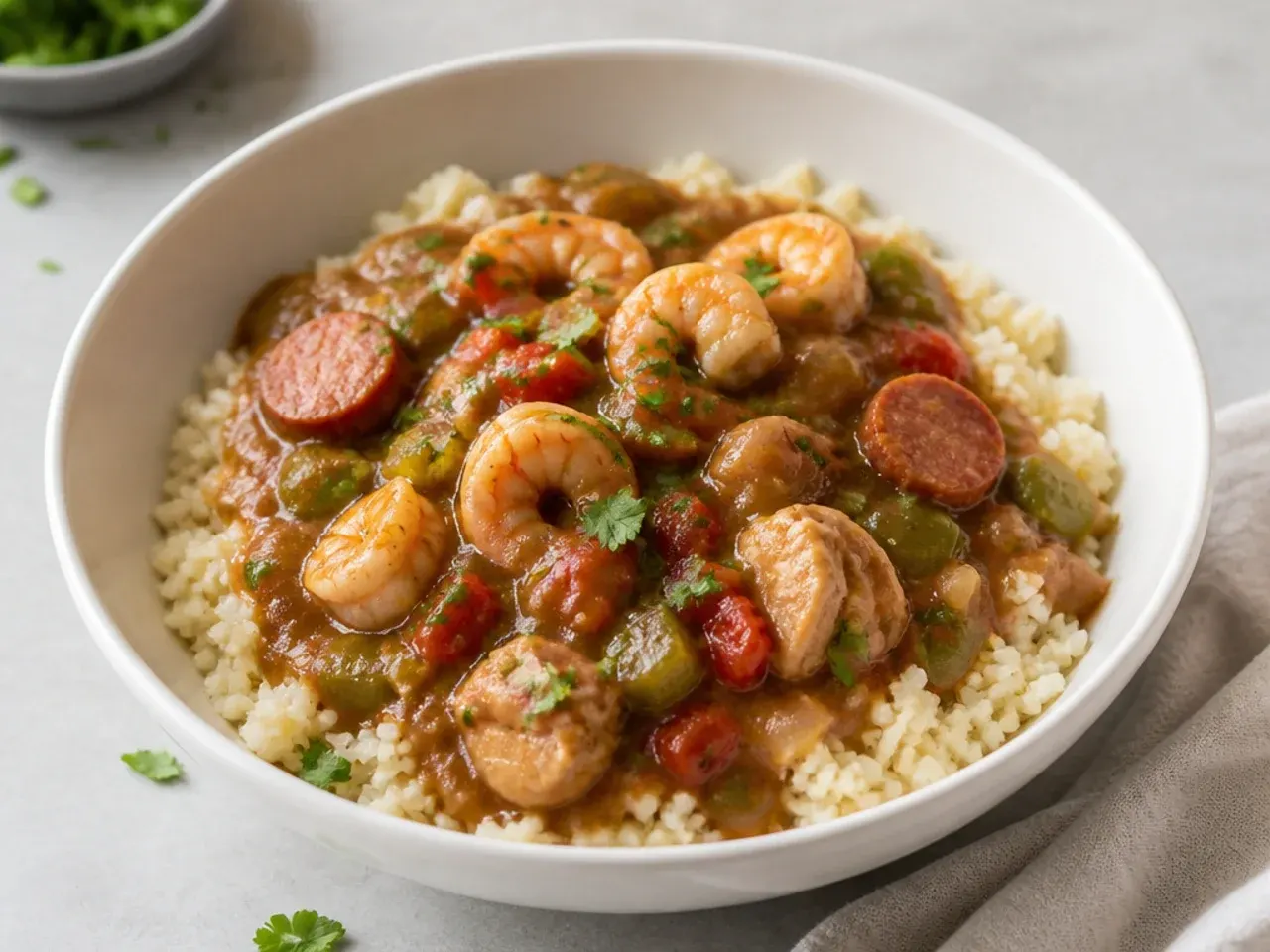 Creative keto crockpot gumbo recipe served over cauliflower rice