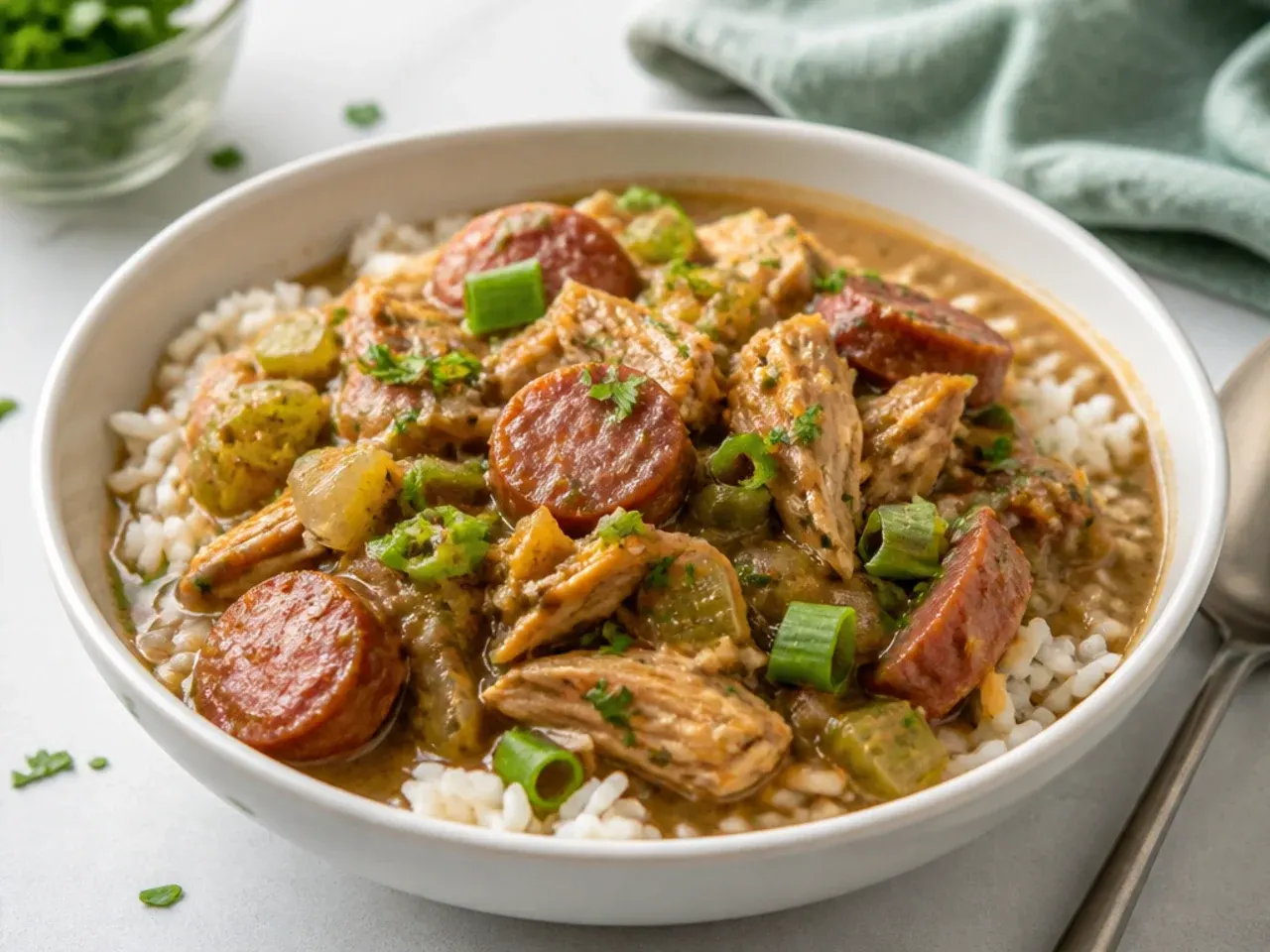 Charming andouille and smoked turkey crockpot gumbo recipe over rice