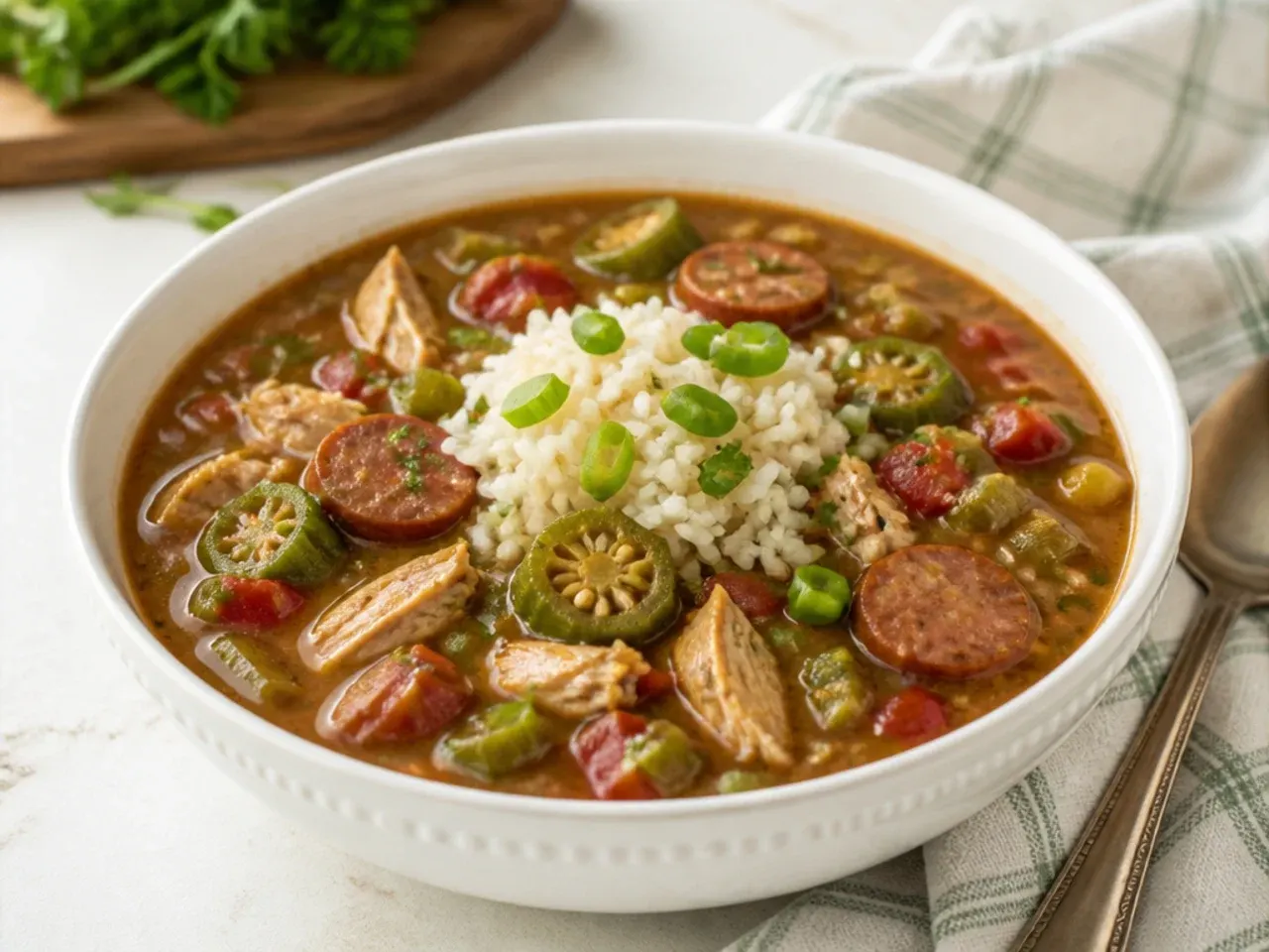 Classic okra-thickened crockpot gumbo recipe with no roux, chicken and sausage