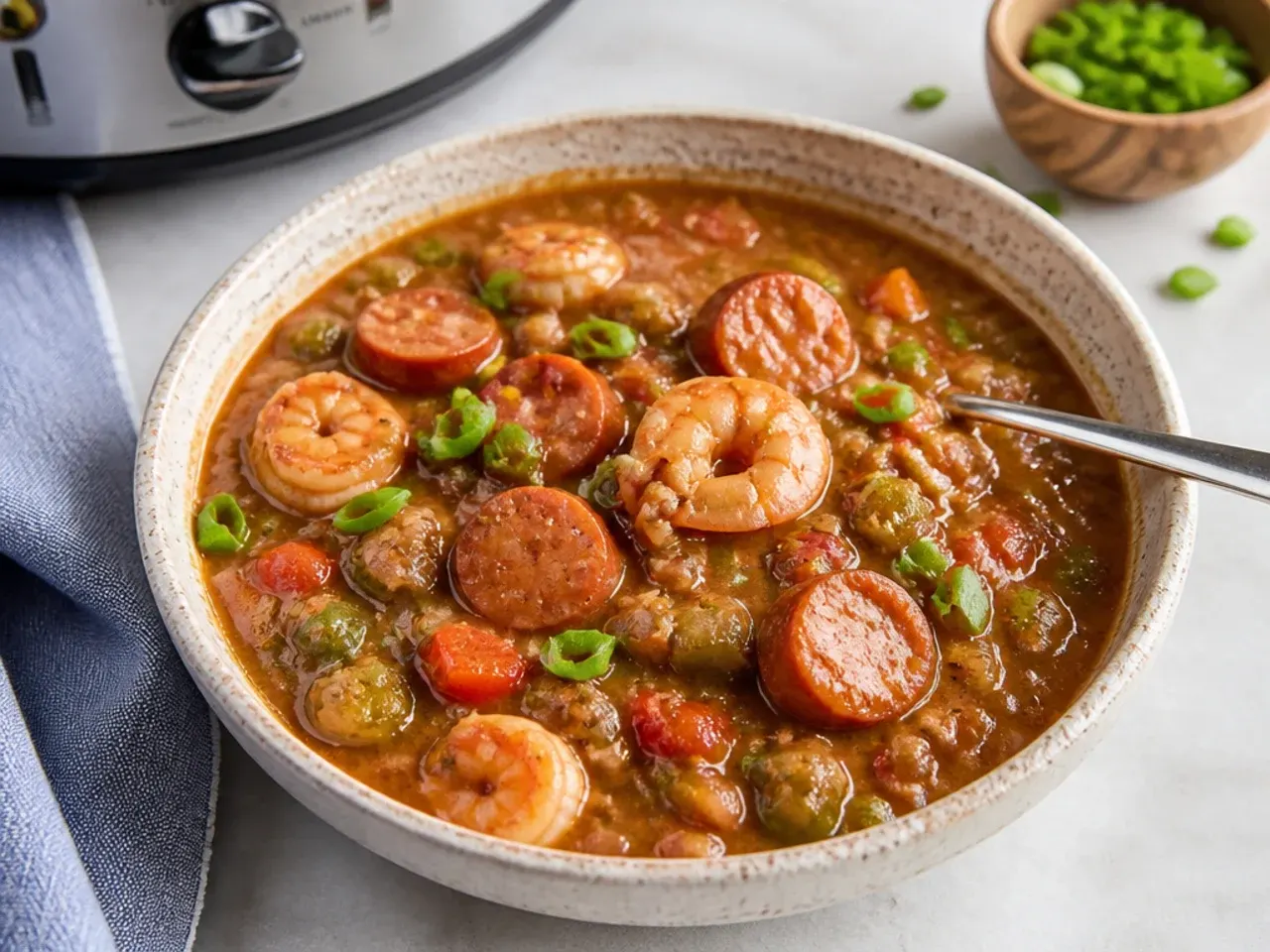 Easy slow cooker gumbo recipe using a frozen holy trinity seasoning blend