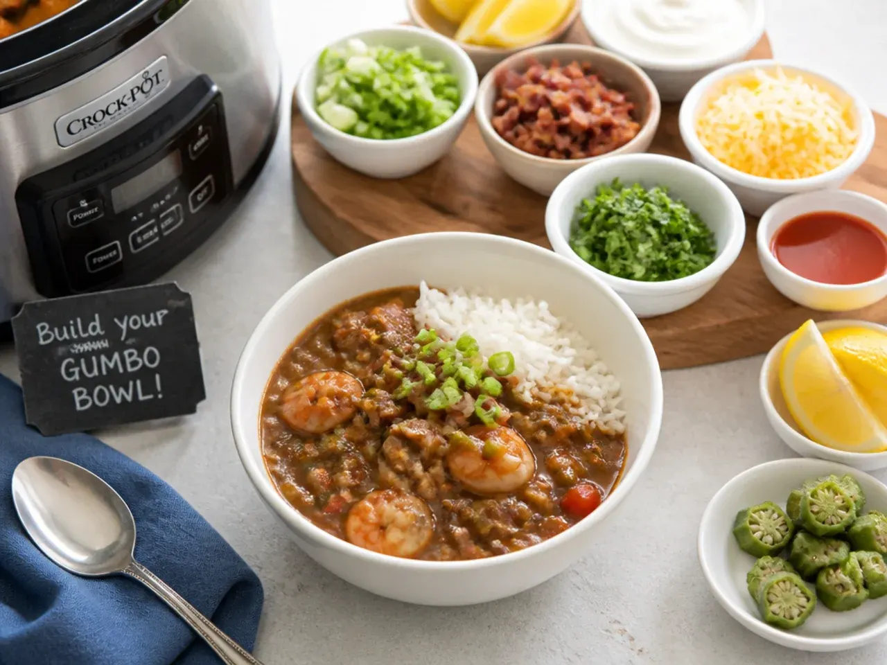 Playful crockpot gumbo recipe rice bowls with a build-your-own toppings bar