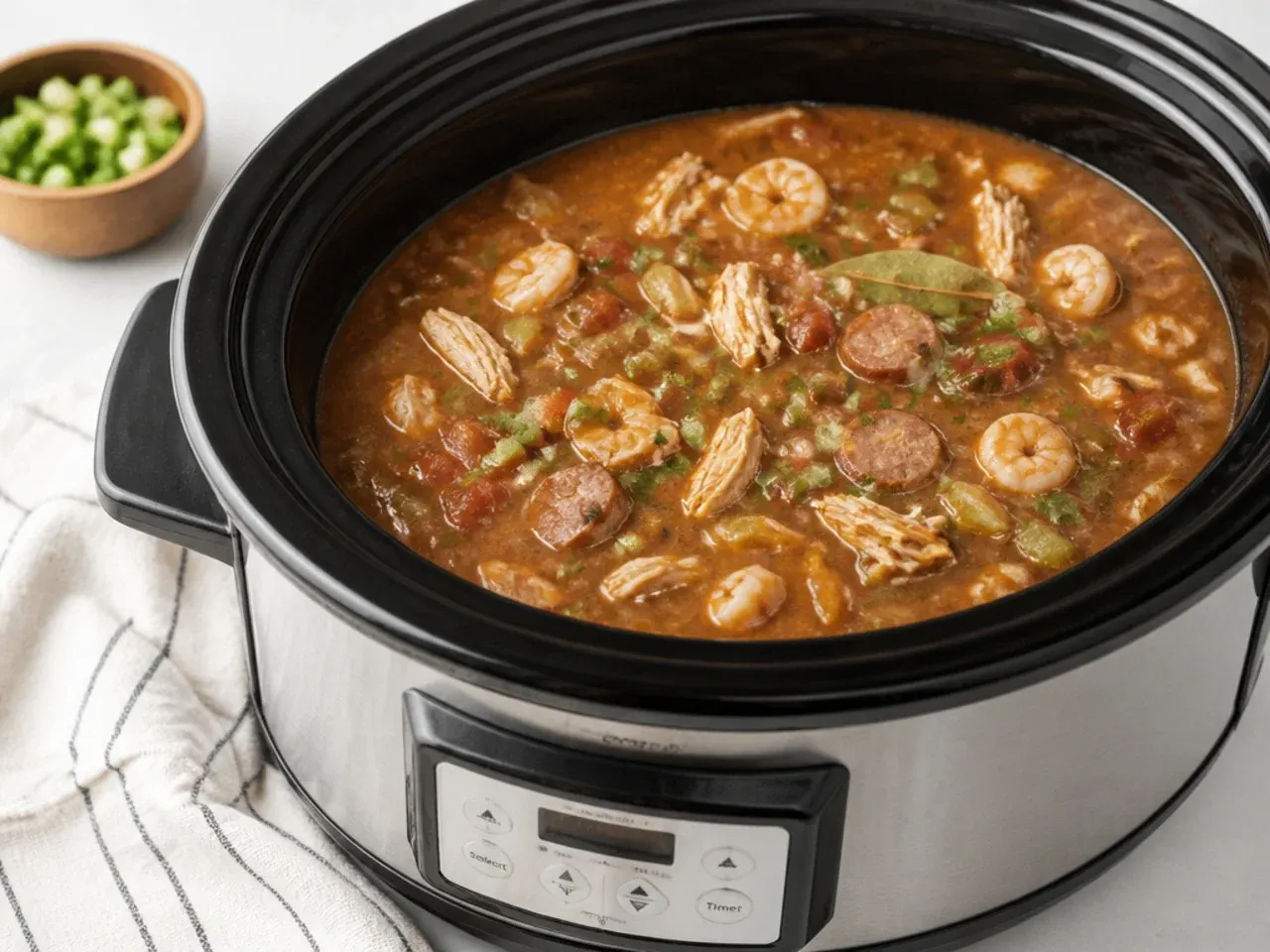 Modern one-pot Instant Pot to crockpot gumbo recipe made in a multi-cooker