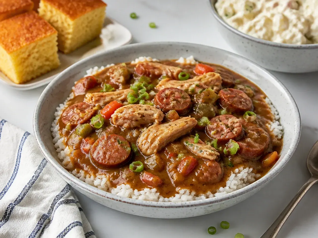 Crockpot gumbo recipe served over rice with cornbread and potato salad sides