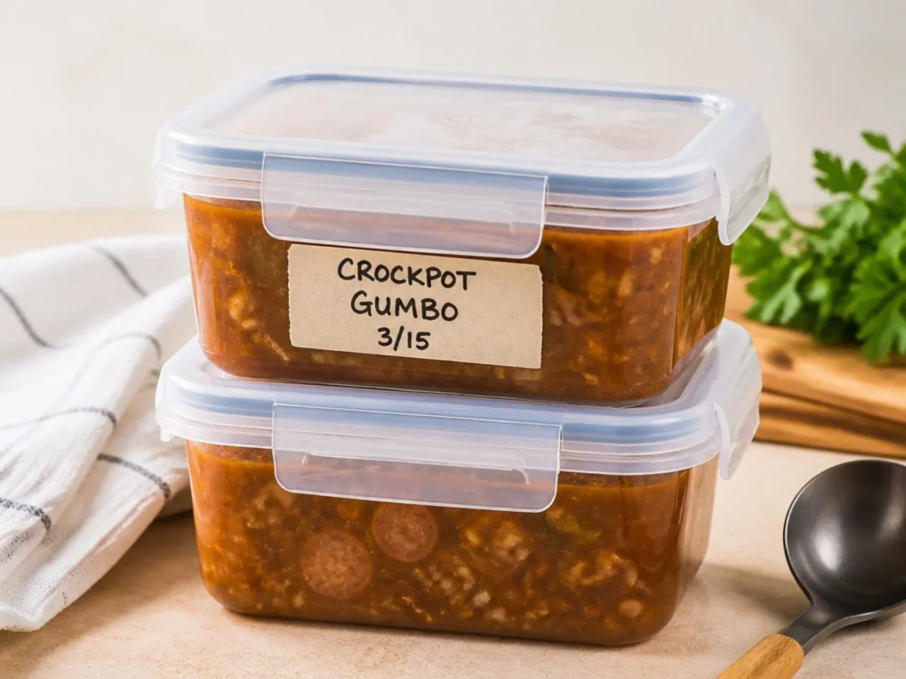Storing and reheating crockpot gumbo recipe in freezer containers