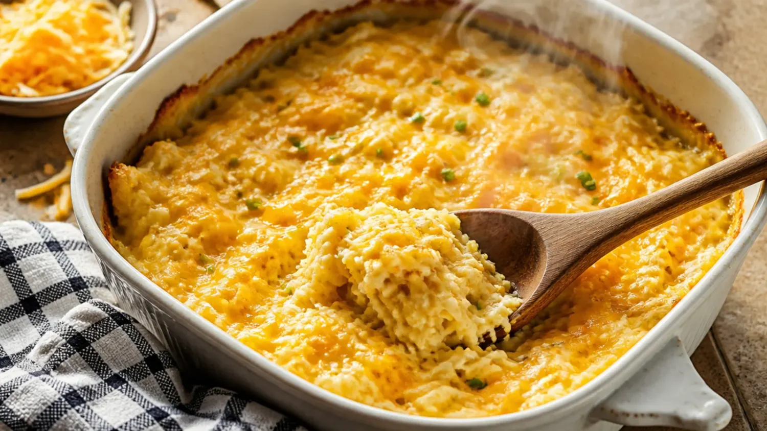 A bubbling crockpot hashbrown casserole topped with melted cheddar cheese and fresh chives, served straight from the slow cooker insert.