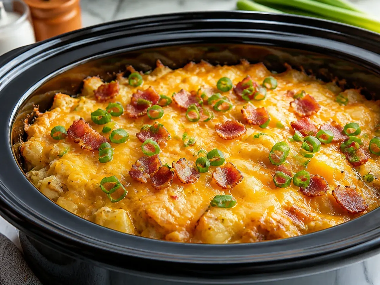 Overhead view of a spread of crockpot hashbrown casserole variations in bowls with cheese, herbs, and potatoes nearby.