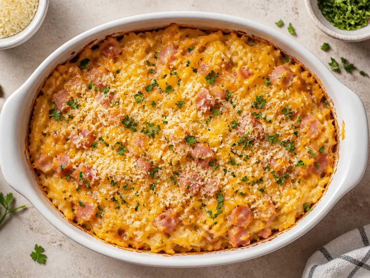 Classic crockpot hashbrown casserole with diced ham and melted cheddar cheese in a slow cooker.