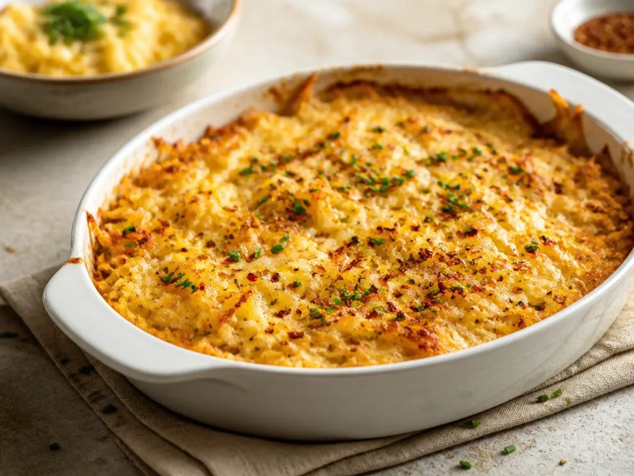 Five simple ingredients for an easy crockpot hashbrown casserole laid out next to the slow cooker.