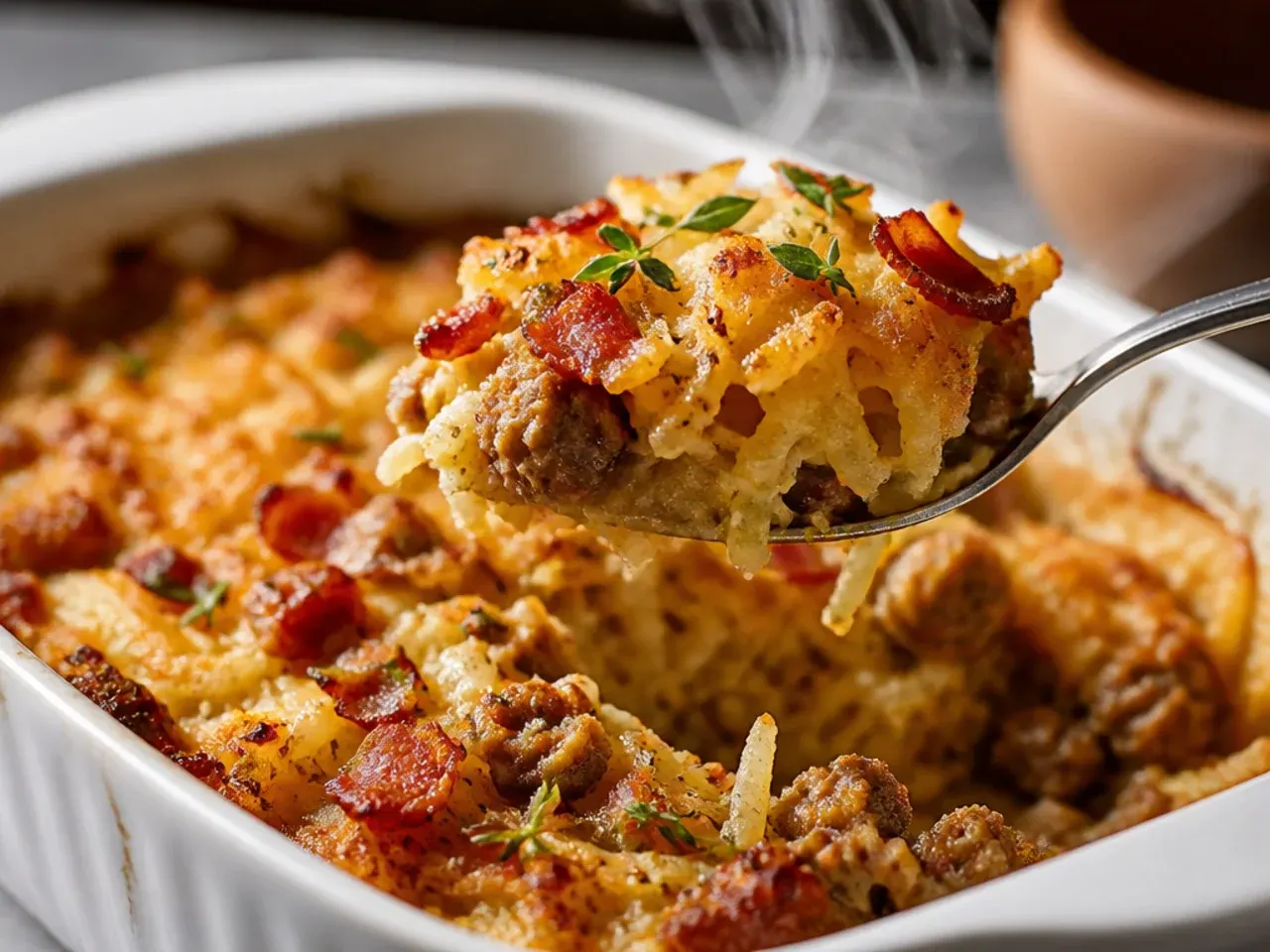 Hearty crockpot hashbrown casserole loaded with browned sausage and crispy bacon pieces.