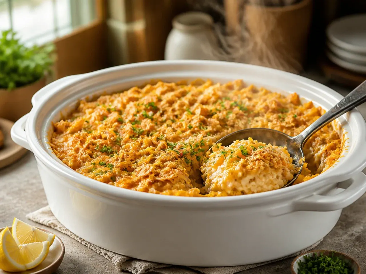 Cozy crockpot hashbrown casserole with a crunchy golden corn flake topping.