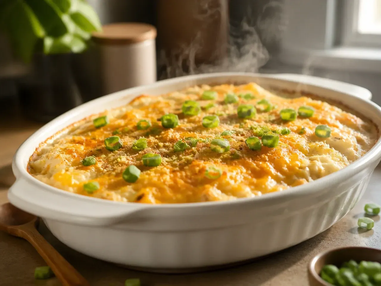 Creamy three-cheese crockpot hashbrown casserole with a rich, glossy sauce.