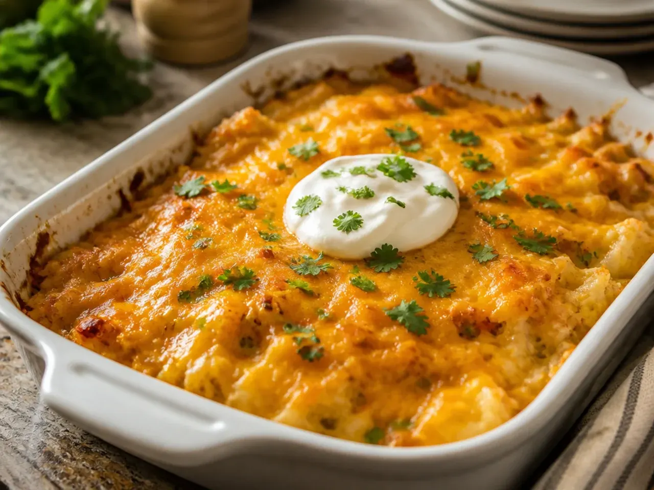 Extra cheesy crockpot hashbrown casserole with double the shredded cheddar pulled apart in a stringy scoop.