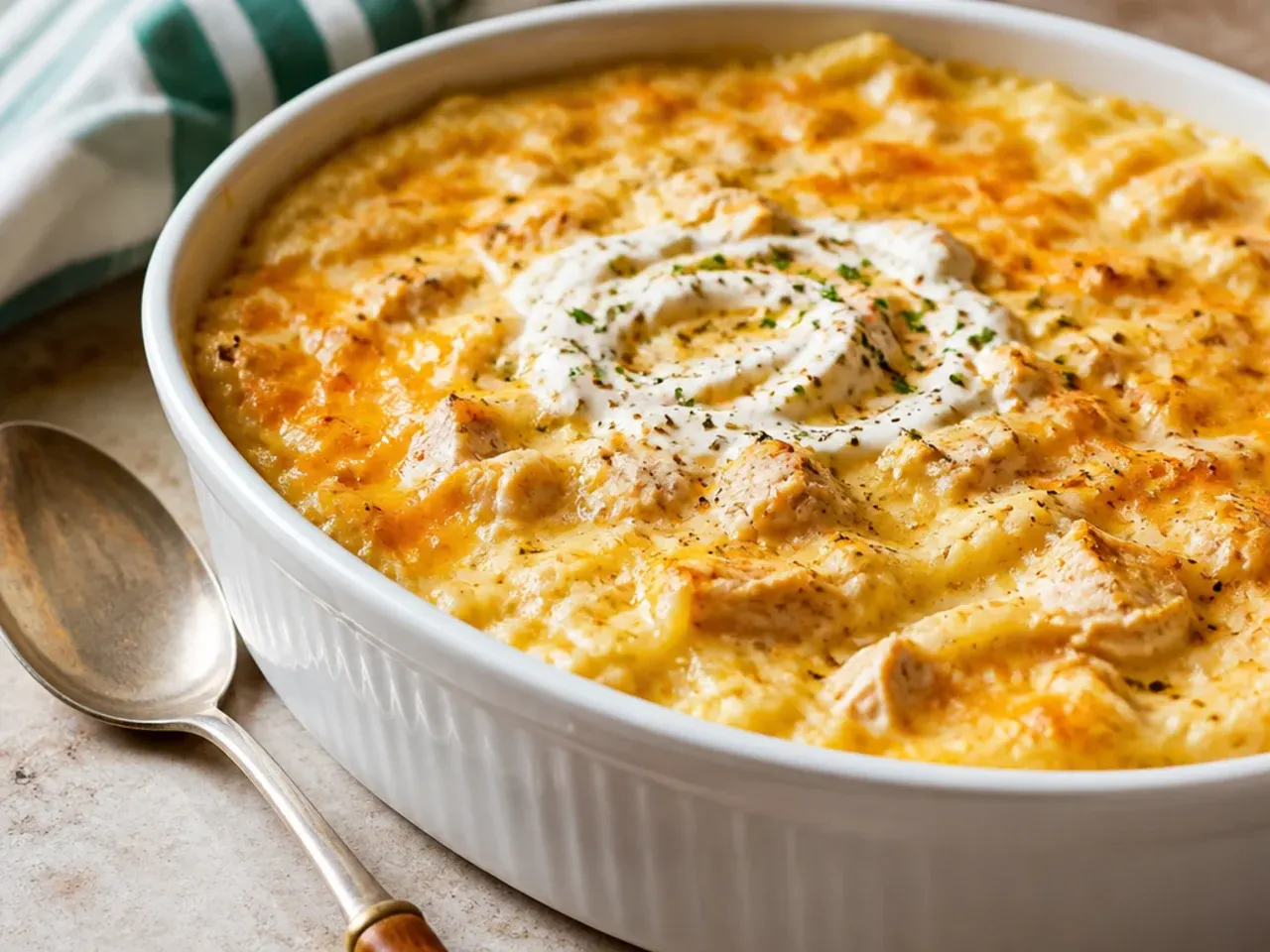 Comforting chicken and ranch crockpot hashbrown casserole garnished with sliced spring onion.