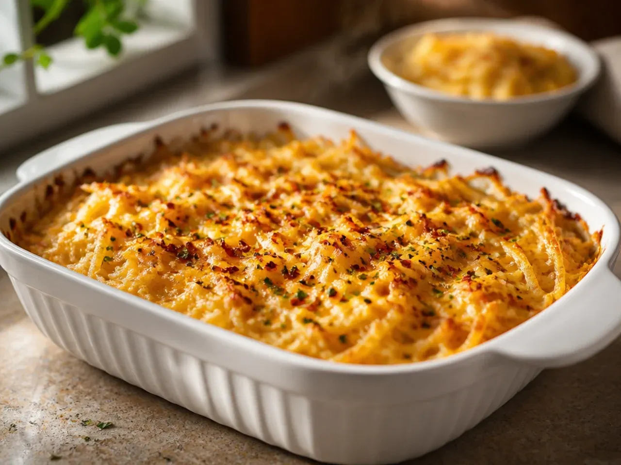 Weeknight crockpot hashbrown casserole assembled from frozen ingredients straight into the slow cooker.