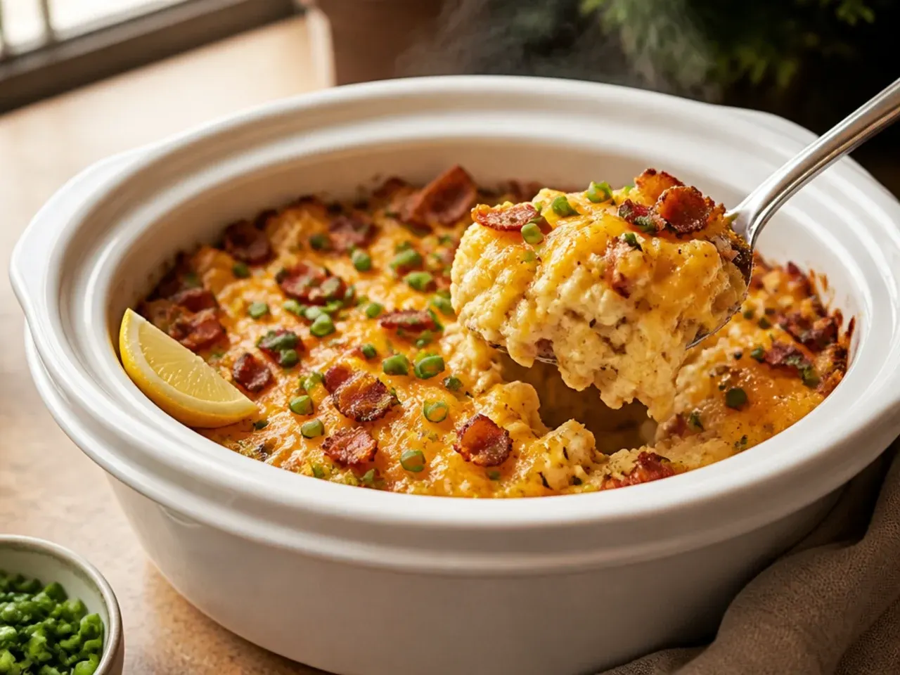 Loaded crockpot hashbrown casserole topped with bacon bits, sour cream, and chives like a baked potato.